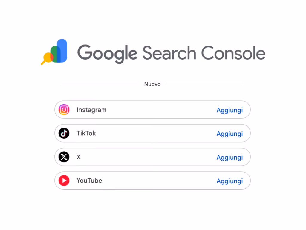 Dashboard di Google Search Console che mostra le nuove proprietà collegate a profili Instagram, TikTok, YouTube e X