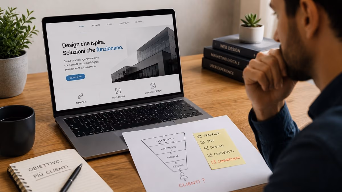 Titolare di una piccola azienda che osserva il proprio sito web su un monitor in un ufficio luminoso, con grafici di visite e contatti sullo schermo