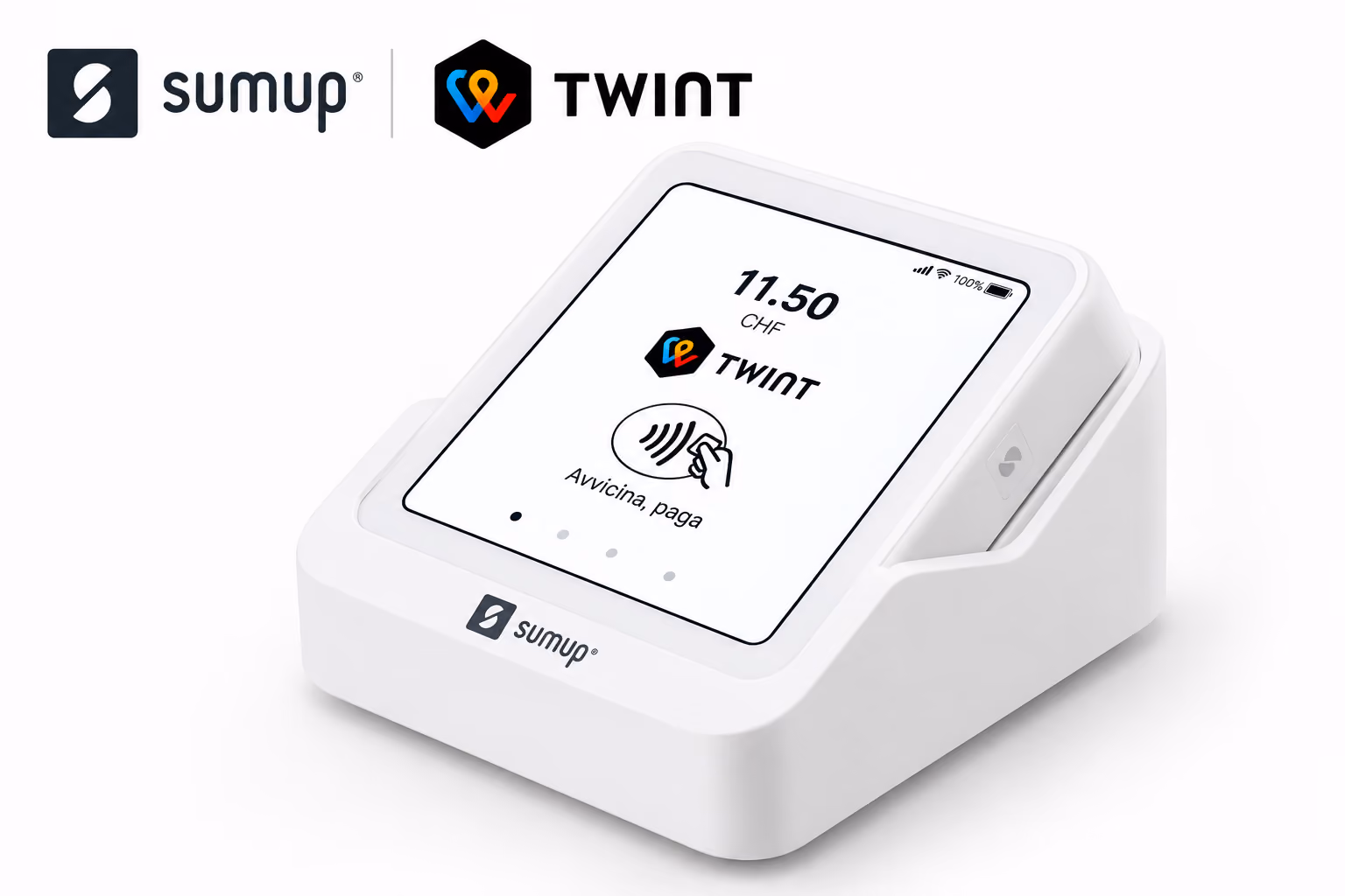 Terminale di pagamento SumUp Solo su un bancone con il codice QR TWINT visibile sullo schermo